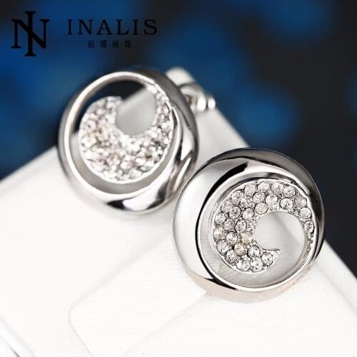 INALIS Round Stud Earrings For Women Luxury Top Clear Zirconia Paved Silver Color Brincos Wedding Earring Jewelry E403