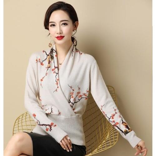 Women Cashmere Sweater Autumn Winter Floral Jumper Elegant Vintage Printing Knit Blouse Ladies Long Sleeve Slim Sweaters Tops