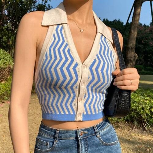 2021 Womens Patchwork Color Contrast Water Ripple Deep V Neck Vest Versatile Vacation Top