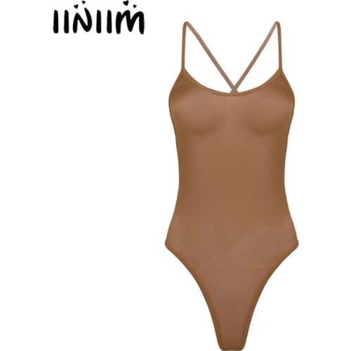 Women One Piece Sheer Bodystocking Lingerie Spaghetti Strap Backless Swimwear Silky Bodysuit Sexy High Cut Thong Skinny Jumpsuit