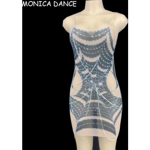 Women Nightclub Sexy Silver Rhinestones Transparent Chain Short Dress Bar Birthday Celebrate Outfit Prom Dancer Mesh Dress