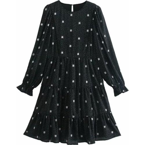 2021 New Women Fashion Floral Print Feminine Dress Vintage Long Sleeve Casual Loose Dress