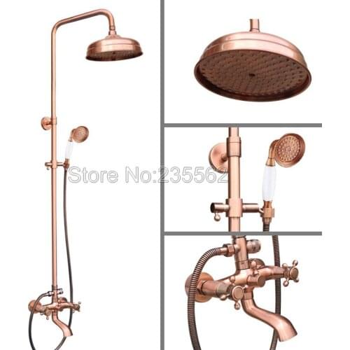 Antique Red Copper Wall Mounted Rain Shower Faucet Set Bathroom Dual Handle Tub Mixer Tap with Ceramic Handheld Shower lrg514