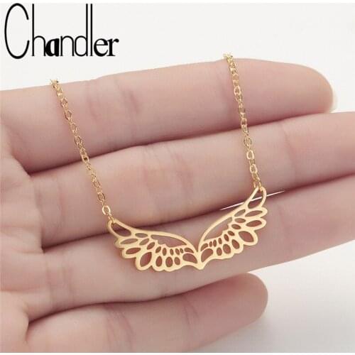 Chandler Stainless Steel Angel Wings Necklace Double Wings Guardian Pendant Filigree Vermeil Wings Fashion Unique Trendy Jewelry
