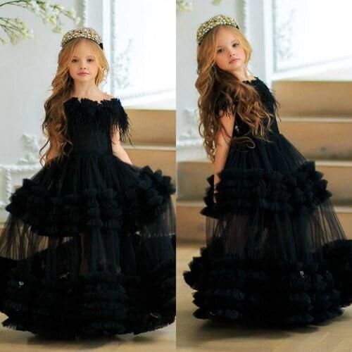 Black Flowers Girls Dresses Tiered Ruffles Feather Off Shoulder Floor Length Kids Teens Pageant Gowns Birthday Party Dress