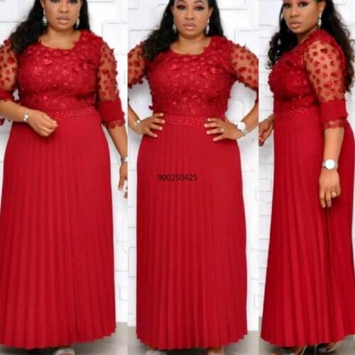 Long African Dresses For Women Africa Clothing African Design Bazin Lace Pleated Three-dimensional flower Glitter Dashiki Dress