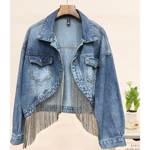 Fad Spring Women Chains Tassel Short Jean Coat Streetwear Chaquetas Mujer Loose Denim Jacket Cowboy Outwear Female Casual Coats