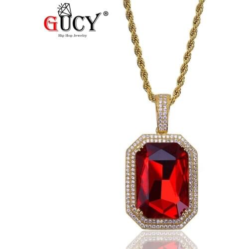 GUCY Hip Hop Pendant Necklace Gold Color Plated All Iced Out Micro Pave CZ Stones Big Red Crystal Pendant Necklaces Gift For Men