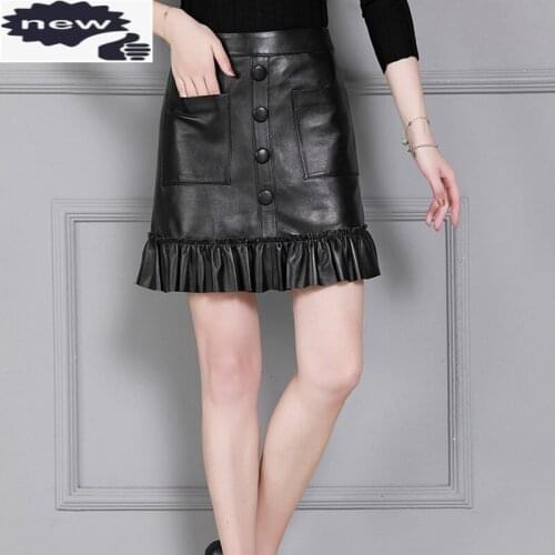 Qualities Elegant Women Luxury Sheepskin Single Breasted Pockets Pleated High Waist Slim Fit Plus Size A-Line Skirts
