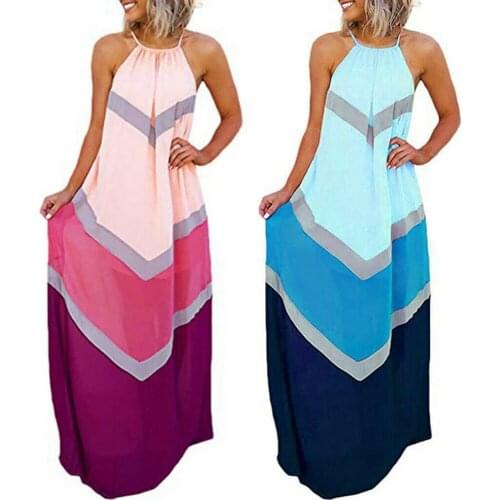 Hot Sales!!!Casual Women Summer Beach Party Halter Sleeveless Color Block Loose Maxi Dress Print Slim Fit Ladies Dresses Vestido