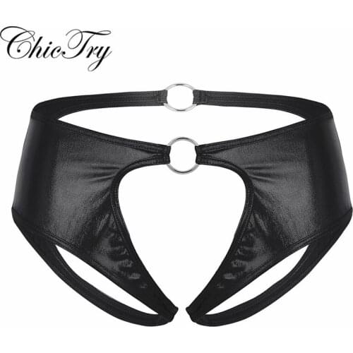 Fashion Women Female Lingerie Faux Leather Crotchless Jockstrap Low Rise G-string Briefs Underwear Panties with Metal O-Rings
