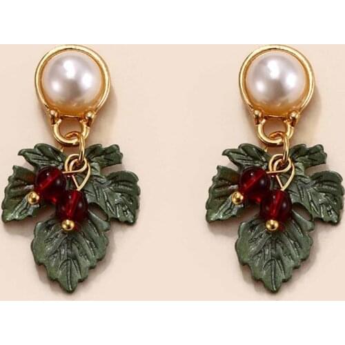 Fashion And Elegant Green Leaf Flower Gemstone Earrings Temperament Retro Pearl Jewelry Accessories Girlfriend Gifts Wholesale