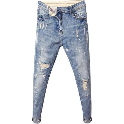 Wholesale 2021 Mens spring and summer new products Korean slim-fit jeans mens trend all-match spirit guy ripped pencil pants