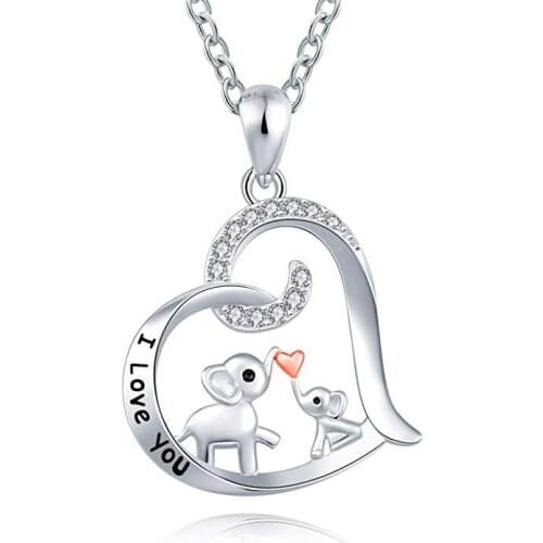 New womens simple and versatile heart-shaped necklace pendant with zircon inlaid lettering I love you baby elephant kiss neckla