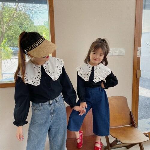 8968 Parent-Child Clothes Big Lace Collar Shirt 2021 Autumn New Girls' Large Lapel Shirt Pure Cotton Bubble Sleeve Black Tops