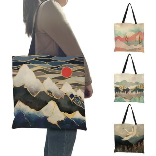 Causal Tote Bag Oil Painting Mountain Forest Print Shopper Shopping Handbag Women Ladies Leisure Shoulder Bag Beach Outdoor
