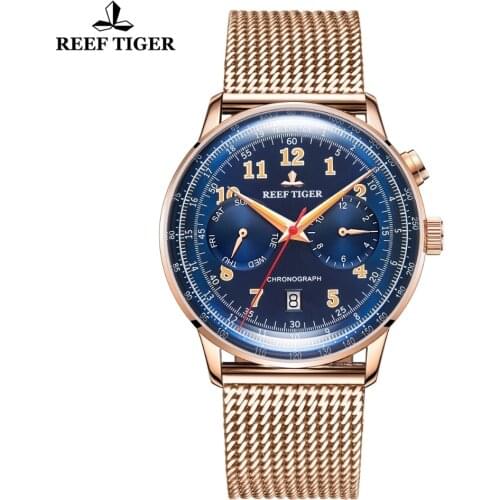 Reef Tiger/RT business Watches for Men Date Waterproof Watches Rose Gold Automatic Watches with Rose Gold Strap RGA9122