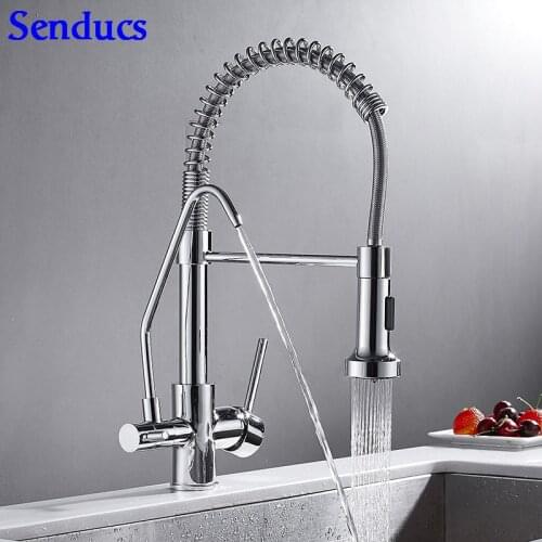 Senducs Spring Water Filter Faucet Deck Mounted Chrome Spring Kitchen Sink Faucet Quality Brass Kitchen Sink Water Filter Faucet