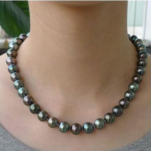 Stunning11-12mm freshwater round peacock green pearl necklace 18"925silver