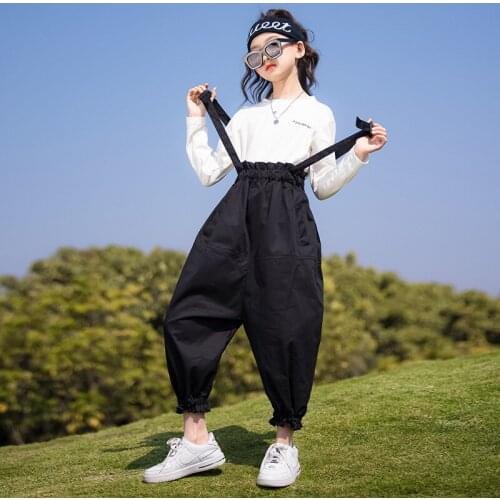 Girls Spring and Autumn Set 2021 New Korean Version of Childrens Fashionable Strappy Pants Two-piece Set Baby Girl Clothes
