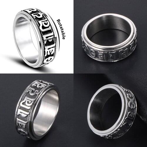 316L Rotatable Sanskri Om mani padme hum Men Calvarium Punk Vintage Ring Gothic Stainless Steel Biker Rings Motorcycle jewellery