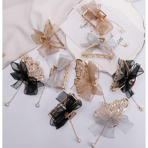 Pearl Tassel Pendant Alloy Hair Claw Clips Net Yarn Bow Hairpin for Women Fashion Rhinestone Clamp Hair Accessories