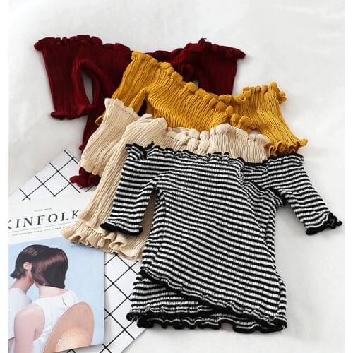 Women Off Shoulder Knitted Tops Wrap Front Short Sleeve Slim Fit Shirts Lettuce Edge Stripe Sweet Shirred Tees