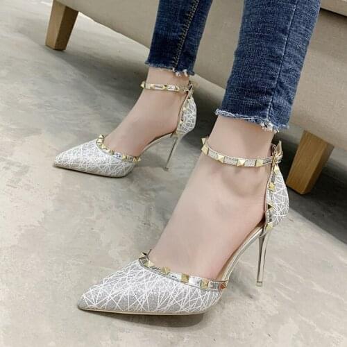 Womens shoes Rivet 2019 sandals summer pointed toe stiletto single shoes nightclub style 9CM high heel
