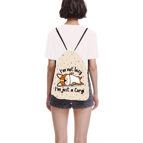 Women Lightweight Funny Corgi Printing Drawstring Backpack School Bags for Teenage Girl Cute Travel Rucksack