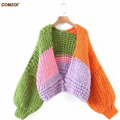 Patchwork Women Fashion Knitted Cardigan 2020 Autumn Winter Thick Coats Sweater By Hand Lantern Sleeve Tops Clothing Pull Femme