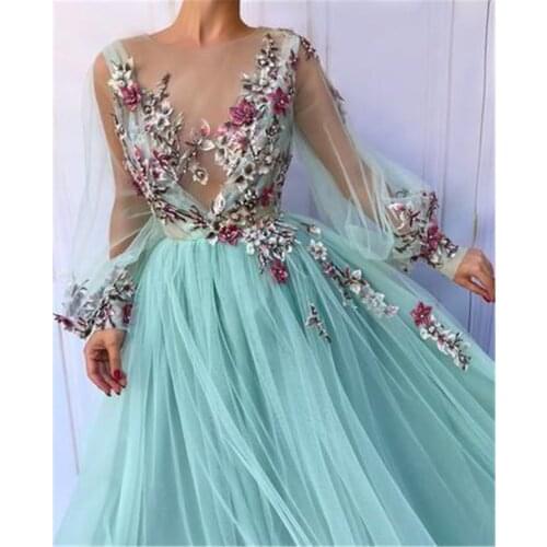 See Through 3D Flowers Prom Dress Chic A-line Scoop Neckline With Floral Long Evening Dresses Long Sleeves 2021 Robe De Soiree