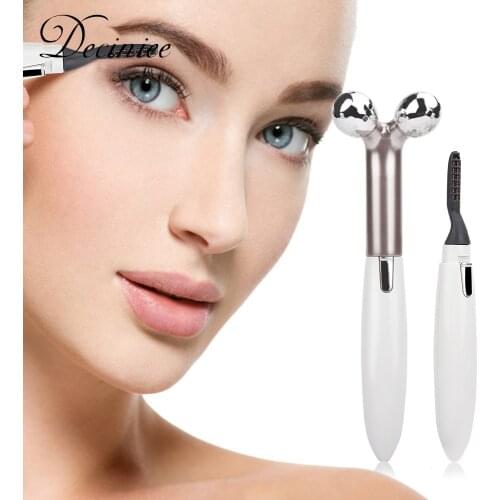 2 In 1 3D Roller Face Slimming Massager for Face Tightening Lifting Neckline Slimmer with Heated Eyelash Curler Makeup Face Tool