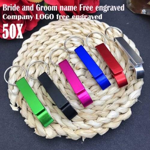 50pcs customized wedding gift of color bottle opener with keychain Memory letter and date engraved free with organza bag