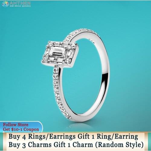 Ahthen 925 Sterling Silver Rings CZ Square Ring Sparkling Square Halo Rings Women Rings Ngagement Ring Women Jewelry Girl Rings