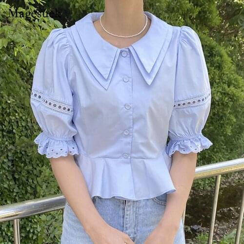 Hollow Out Lace Blouses Women Summer Turn-down Collar Elegant Women Shirts Korean Short Sleeve Blouse Vintage Fashion Tops 14858