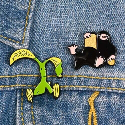 Cartoon Anime Characters Green Leaves Black Animal Enamel Brooch Alloy Badge Denim Shirt Bag Pin Jewelry Creative Gift For Kid