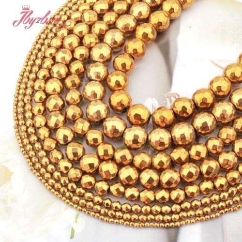 Natural Gold Hematite Round Faceted 2/3/4/6/8mm Stone Beads For DIY Necklace Bracelet Jewelry Making Strand 15" Free Shipping