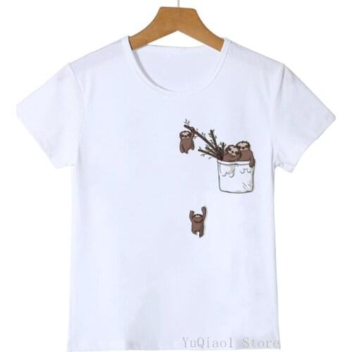 Pocket Aniamls Sloths/Horse/Avocado/Pug/Poodle/Corgi/Sunflower Print Funny T Shirts Lovely Kids Boys Girls Clothes White T-Shirt