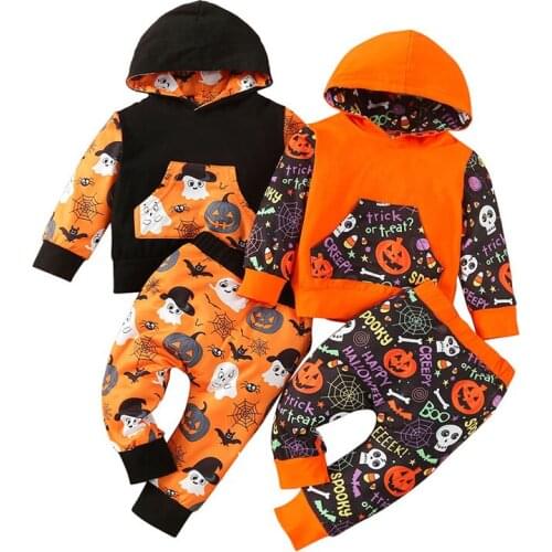 2021 Infant Baby’s Boy Girl Halloween Clothing Set T-shirt Trousers Cute Print Long Sleeve Hooded Tops Long Pants 0-24M