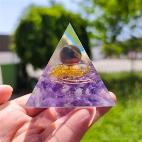 New Orgonite Pyramid Natural Amethyst Reiki Healing Crystal Energy Stone Tower Handmade Home Decor Figurines Pyramid Ornaments