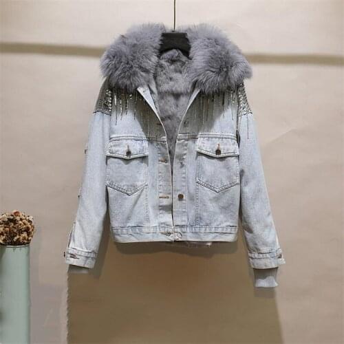 Winter New Cowboy Jacket Women Real Rabbit Fur Liner Detachable Thick Warm Cotton Coat Sequins Tassels Denim Parkas Overcoat