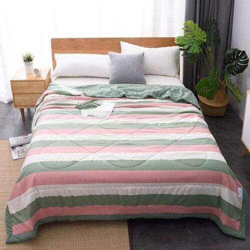 New Hot Sale Summer Washed Cotton Air-conditioning Quilt Soft Breathable Blanket Thin Stripe Comforter Bed Cover