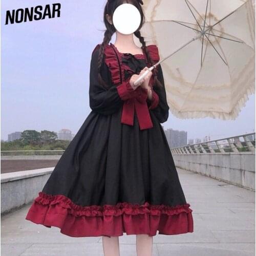 NONSAR Bowknot Long-Sleeved Lolita Dress Women Korean Loose Sweet New Japanese College Style Patchwork Dress 2Colors ONE SIZE