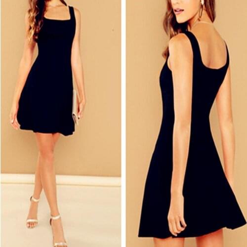 Black Fit And Flare Solid Dress Elegant Straps Sleeveless Plain A Line Dresses Women Summer Autumn Zipper Short Dress