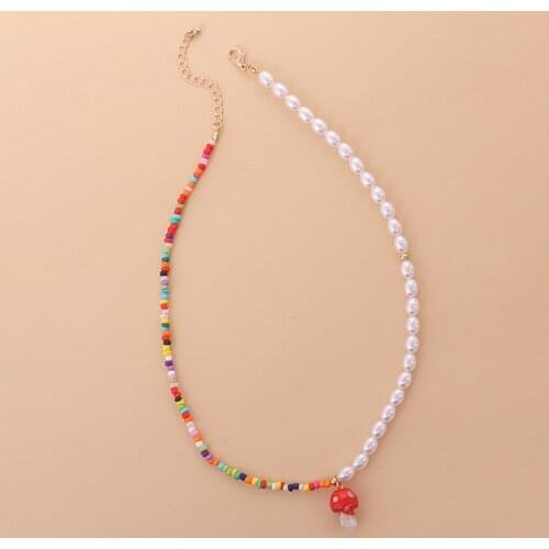 Origin Summer Simulation Pearl Red White Rice Beads Asymmetric Chokers Necklace for Women Trendy Glass Mushroom Necklace Jewelry