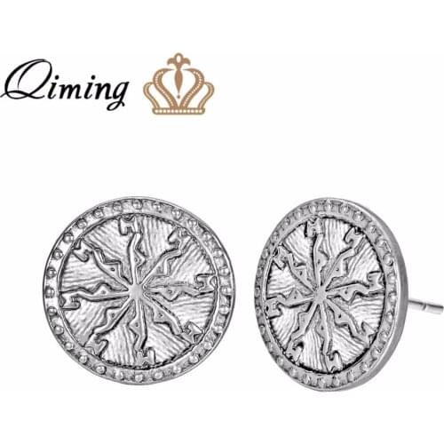 QIMING Slavic Runes Irish Fashion Earrings Baroque Women Men Circle Round Ethnic Vintage Stud Earring Female Party Gift