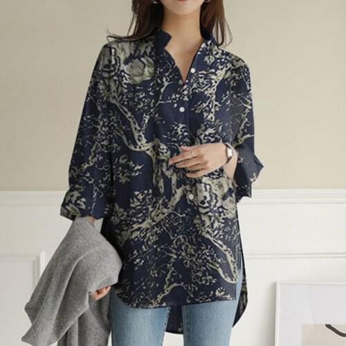 Plus Size Fashion Womens Blouses V-neck Turn-down Collar Striped Printed Shirt Woman 2021 Long Sleeve Button Collared Shirt