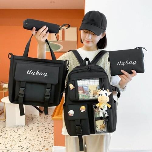 4 Pcs Set Fashion Women Backpack Trend Canvas School Bags For Teenage Girls Kawaii College Student Book Bag Kids Rucksack 2021
