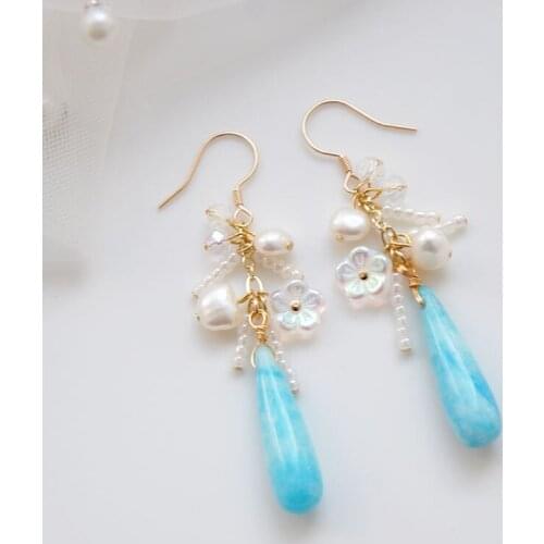 Sterling Silver original stone water drop freshwater pearl crystal long earrings womens earrings earrings clip Limited