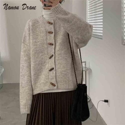 Namou Drane Retro Horn Button Sweater Cardigan Winter 2021 Thick College Style Wild Loose Short Sweater Jacket Female